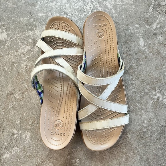 CROCS W11 A Leigh Crisscross Wedge Sandal Tan Leather Heel A-Leigh Cork 11847 - Picture 6 of 12